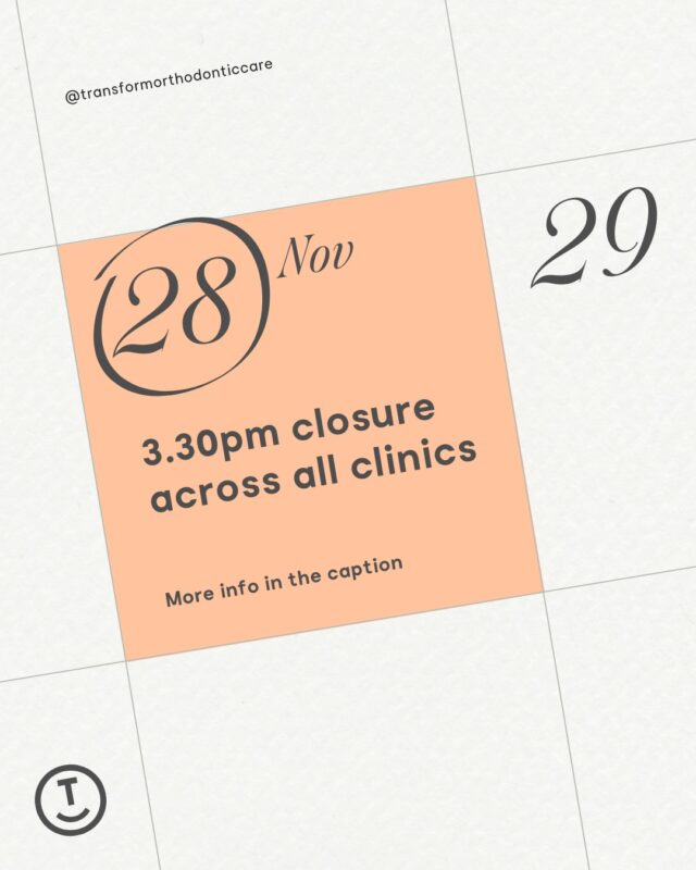 Please note, all clinics will be closed from 3.30pm today (Friday, 28 Nov) and will resume normal business hours from Monday.For enquires, visit our contact page on our website:
https://transformorthocare.com.au/contact-us/Thank you for your understanding ðLocations
ð St Peters
ð West Lakes
ð Modbury